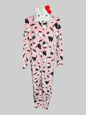 Hello Kitty Pink Hooded Plush Pajama Jumpsuit with Red Bow